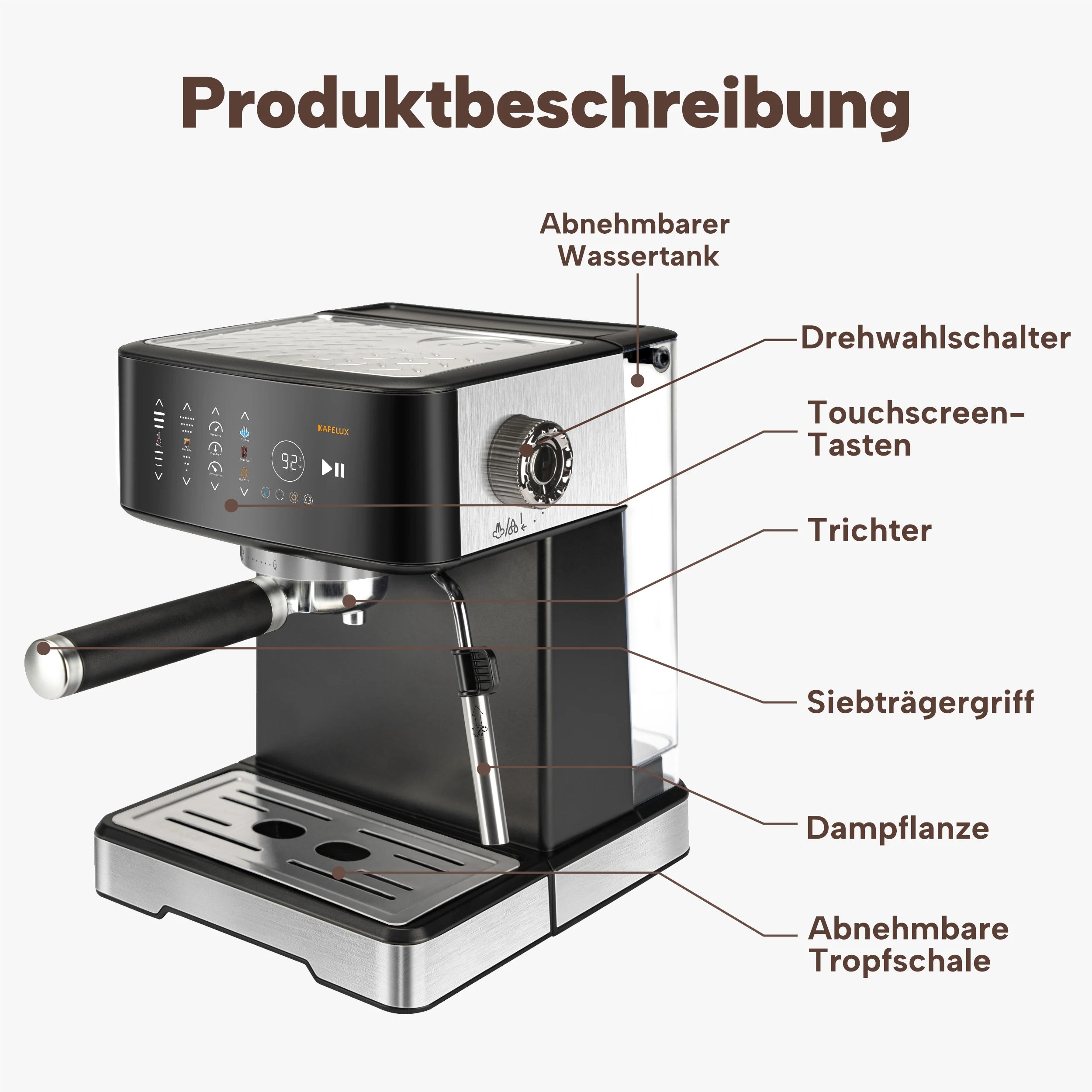 Kafelux espresso machine with black and stainless steel finish, touchscreen, steam wand, and removable water tank.