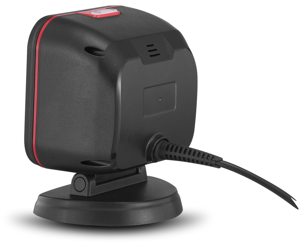 Back view of desktop 2D barcode scanner with red trim and USB cable