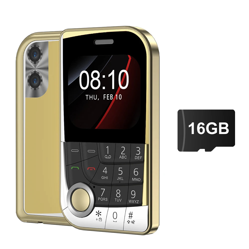 Mini 2G card phone with keypad, gold body and red trim; 16GB TF card shown