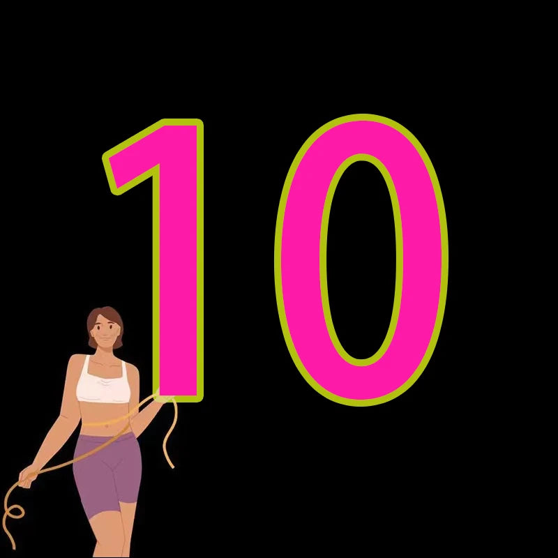 Bright pink number ten with a green outline next to a woman holding a yellow measuring tape.