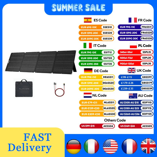 Black foldable solar panel with carry bag and cable, displayed alongside international Summer Sale discount coupon codes.