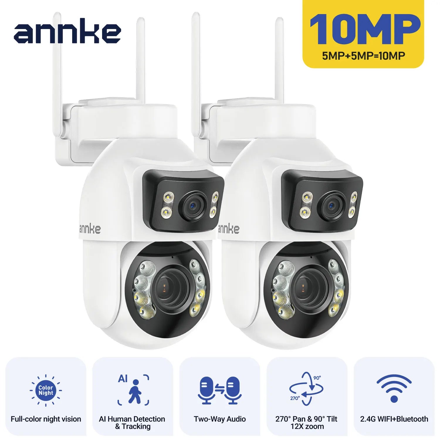 ANNKE WCD1012 10MP Dual-Lens PTZ Security Camera 12X Zoom Wifi Camera AI Human Tracking 1/2/4 PCS 2.4G Wireless Camera Outdoor