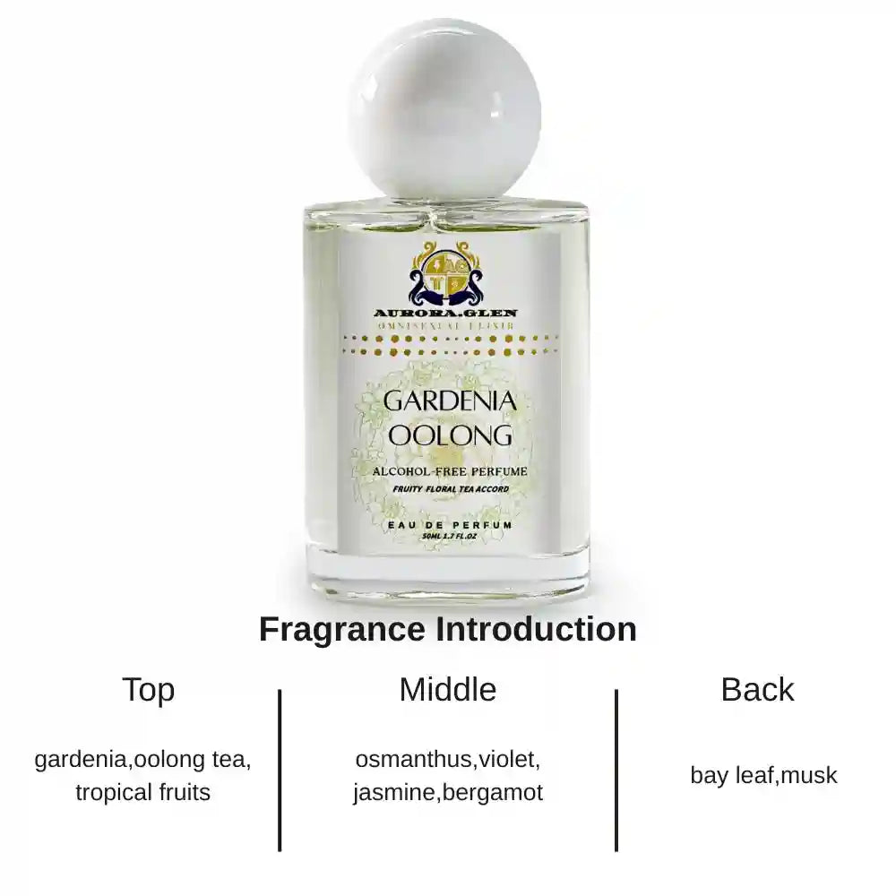 Aurora Glen Gardenia Oolong EDP: Alcohol-free unisex perfume, round-cap glass bottle, floral tea fragrance oil.