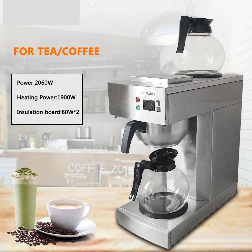 XEOLEO stainless steel commercial coffee and tea maker with two glass carafes and dual warming plates.