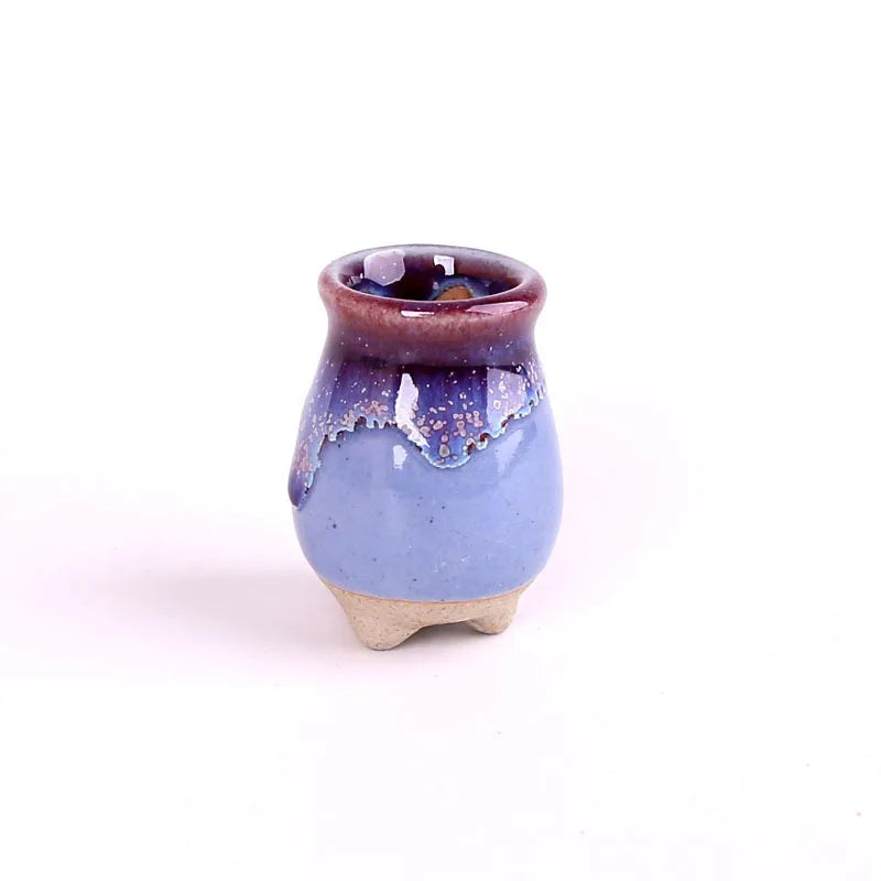 Mini ice-crack ceramic succulent pot with lavender-blue glaze and white dripping glaze