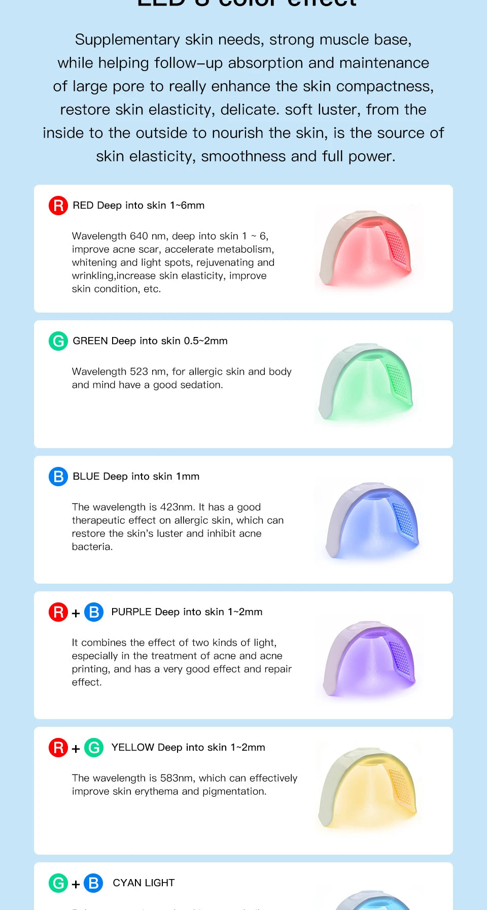 PDT LED light therapy mask for home skincare showing red, green, blue, purple, yellow, and cyan color treatment modes.