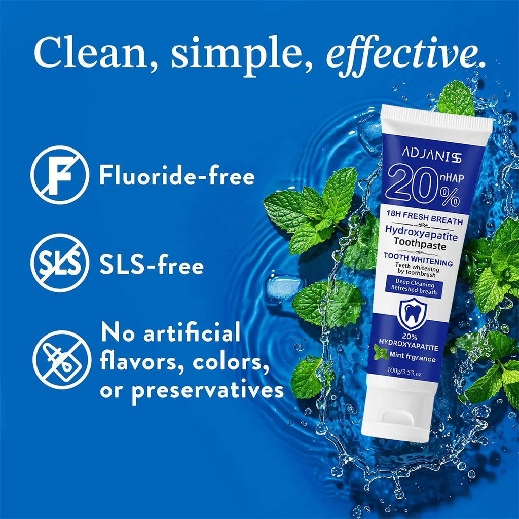 Tidesmit 20% Hydroxyapatite toothpaste tube for deep cleaning, whitening, and plaque removal.