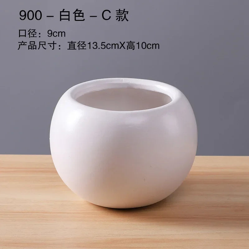 Ceramic flower pot planter, glossy white sphere-style bowl with wide open top