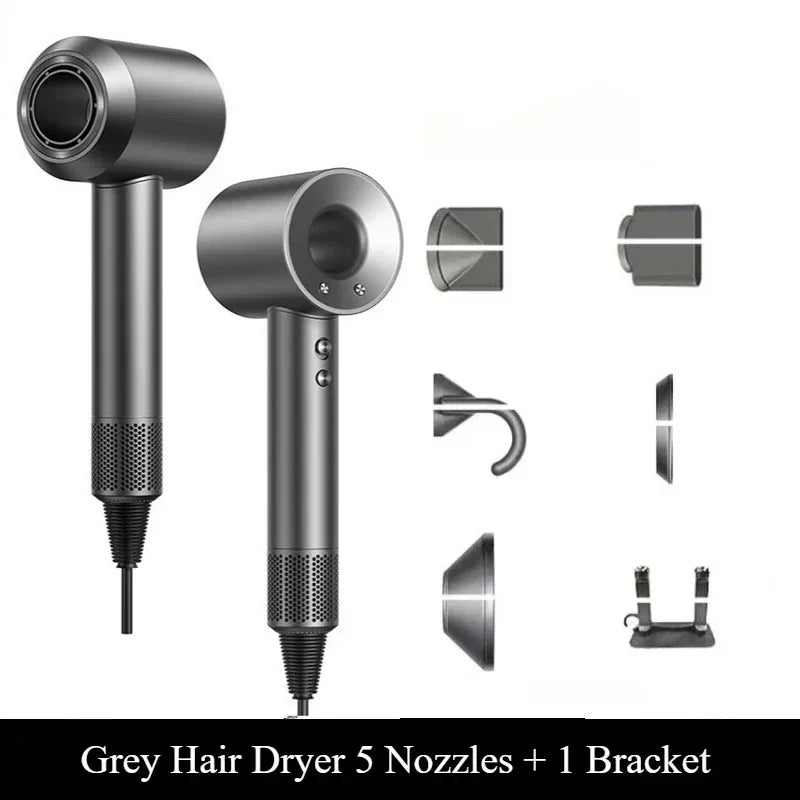 Grey ionic hair dryer with 5 styling attachments and wall bracket for professional salon-style blowouts at home.