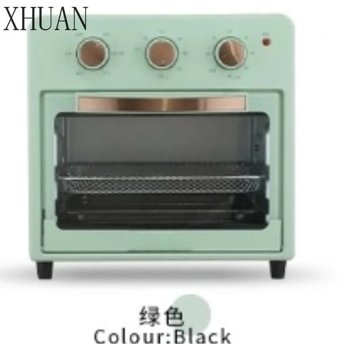 Green air fryer toaster oven with open glass door and three round control knobs