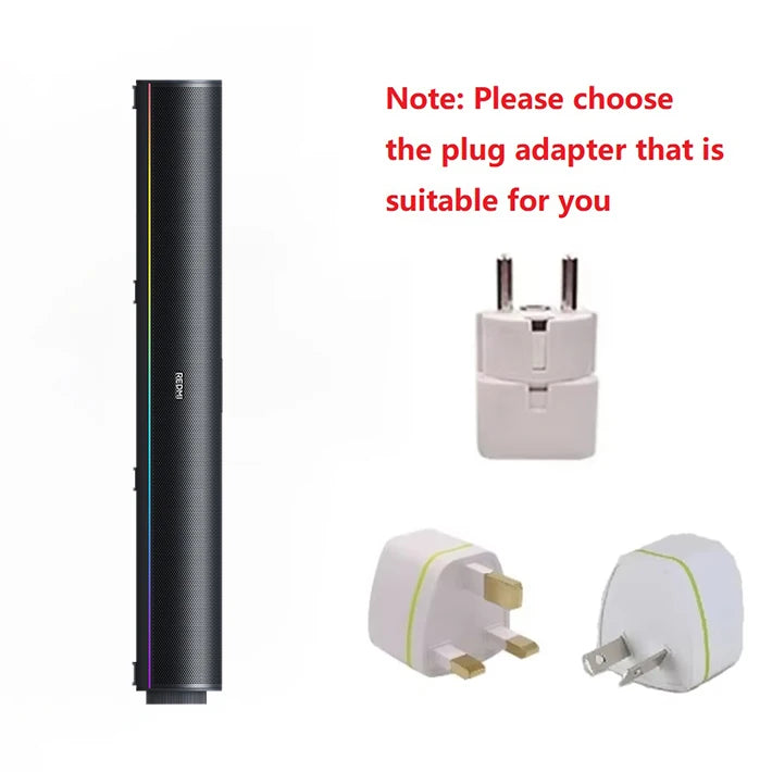Black speaker shown with region plug adapter options and power plug set