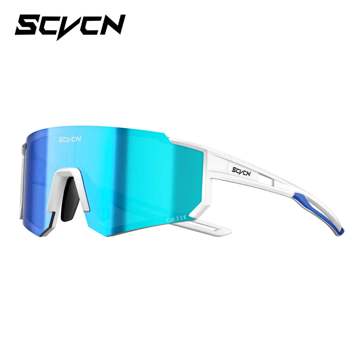 Cycling sport sunglasses with blue mirrored lens and white frame, wraparound sides