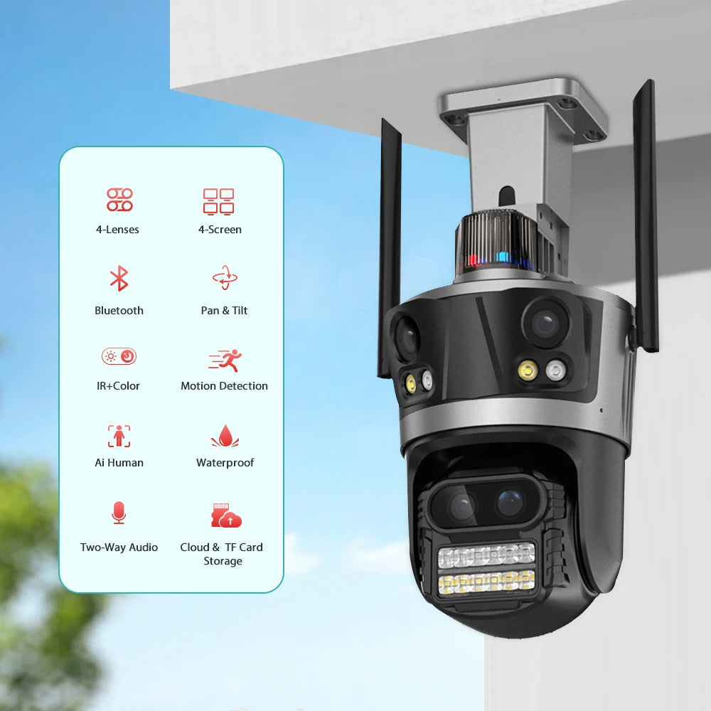 Wifi Camera Outdoor PTZ 4 Lens 4 Screen 8X Hybrid Zoom AI Auto Tracking Linkage Video Bluetooth Security Camera IP iCSee APP