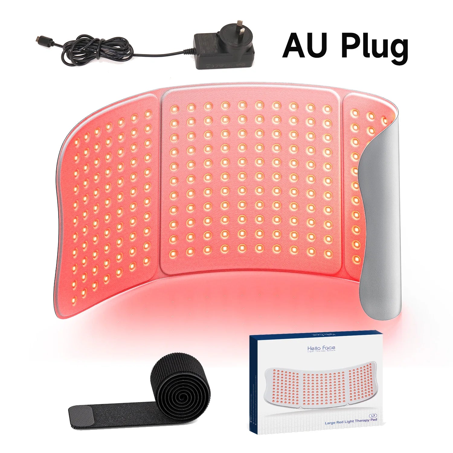Hello Face L7 red light therapy pad with 792 LED chips, 660nm/850nm wavelengths, AU plug, and adjustable strap.