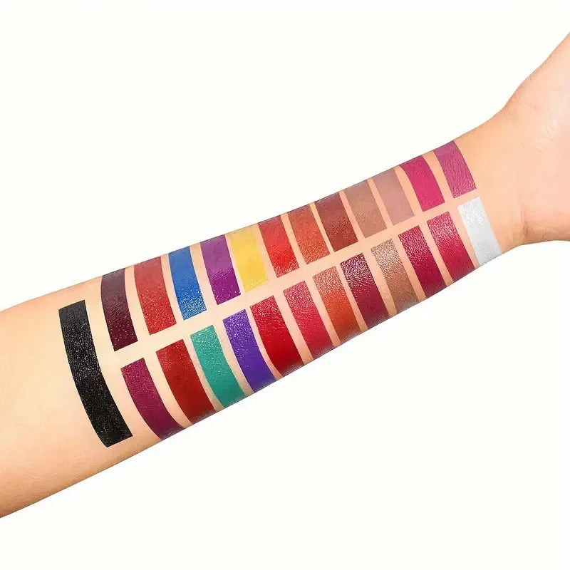 25-color waterproof lipstick palette swatches on arm, showing vibrant, long-lasting matte and glossy lip makeup shades.