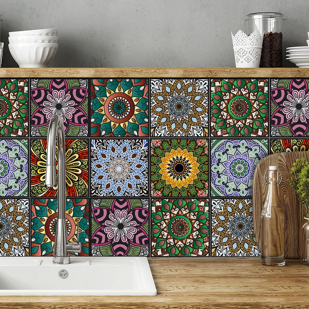 10 pcs/pack, Floral Mandala PVC Self-Adhesive Tile Stickers - Waterproof, Oil-Proof, Easy to Clean for Home Decoration