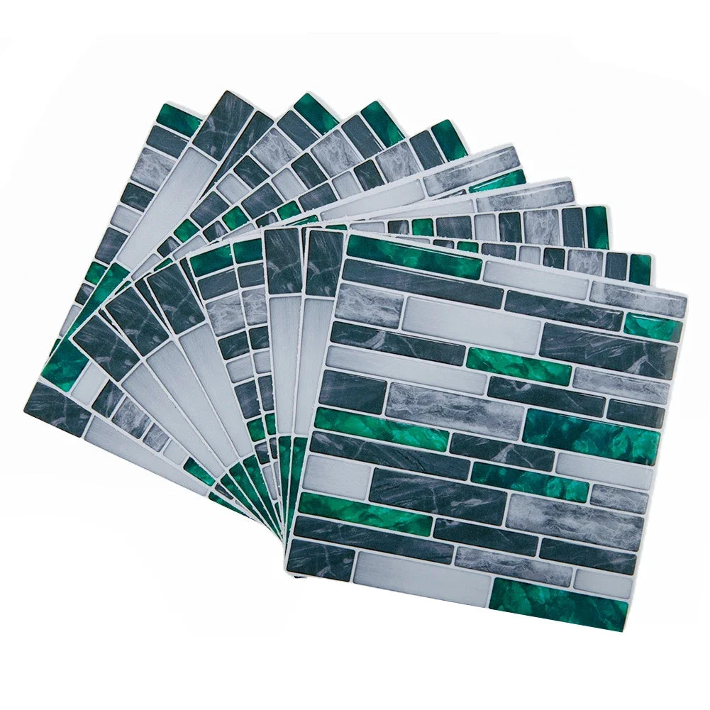 Self-adhesive 3D mosaic tile wall sticker sheets with green accent bars and gray tile look