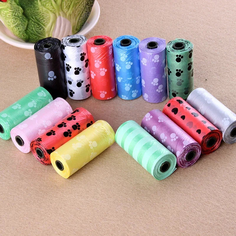 Colorful leak-proof dog poop bags with paw prints, available in various quantities for convenient pet waste cleanup.