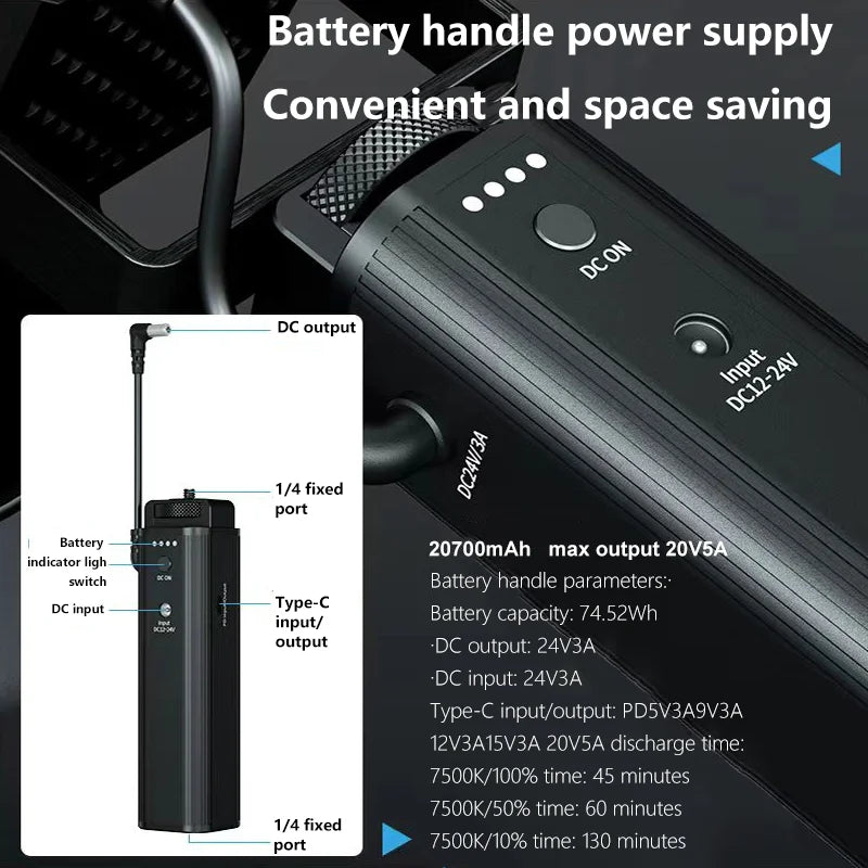 Black cylindrical battery handle with DC and USB-C ports, power indicator lights, and 1/4-inch mounting points for