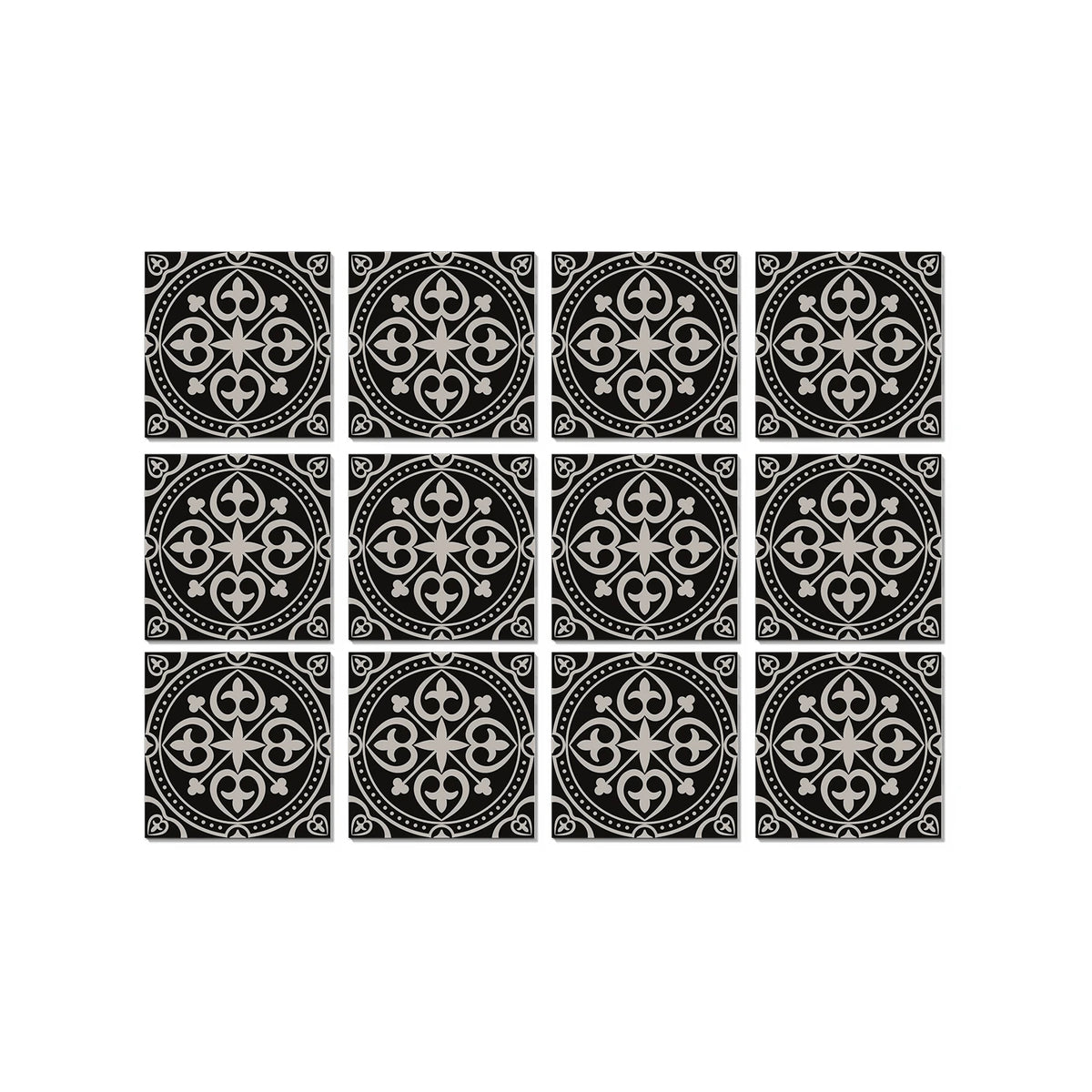 Moroccan peel-and-stick tile sticker sheet, black with white medallion pattern