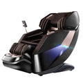 Black and brown leather massage chair with full-body recline, foot massagers, and a side-mounted control tablet.