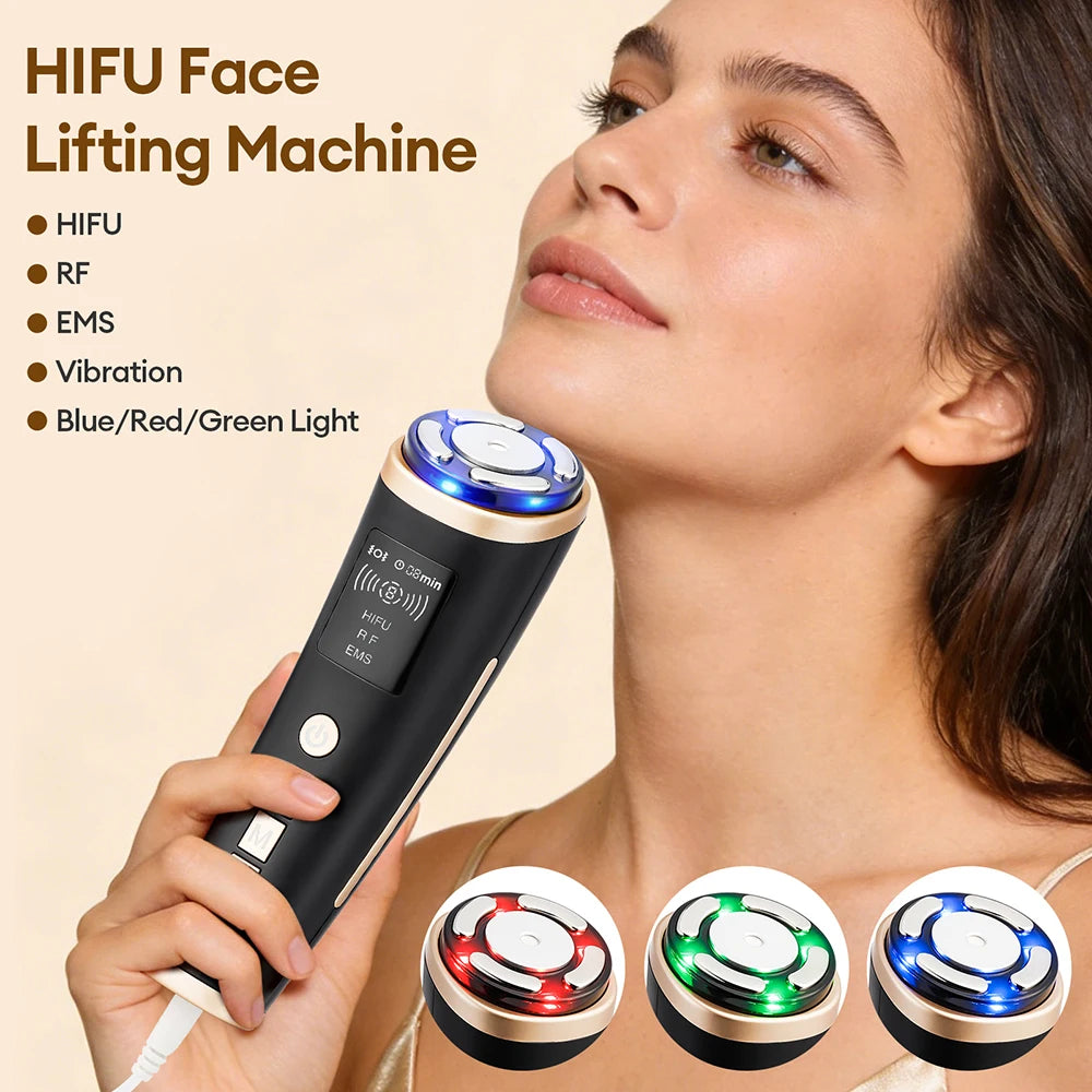 A person holds a black, handheld HIFU facial device with a gold accent and digital display against their jawline.