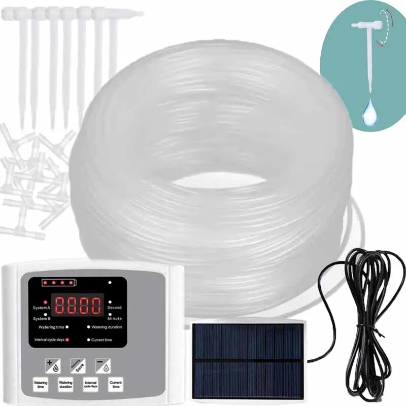 Solar drip irrigation controller kit with water reservoir bulb, pump unit, solar panel, cables