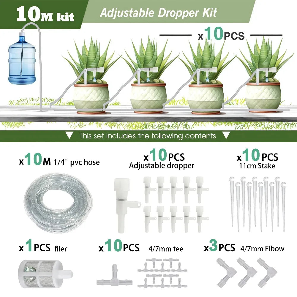 Garden drip irrigation adjustable dropper kit contents diagram, 10M kit