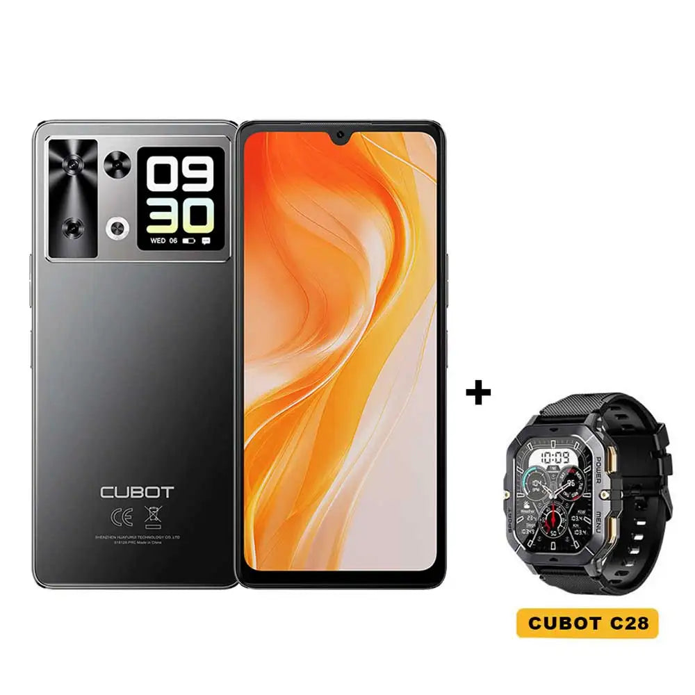 Cubot P90 black Android smartphone, 6.88-inch 120Hz display, 64MP camera, plus Cubot C28 smartwatch bundle.