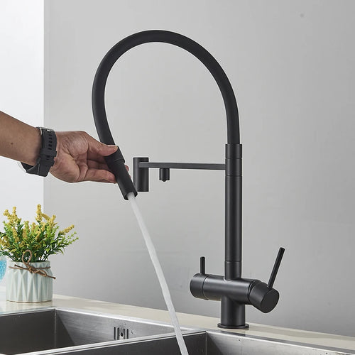 Matte black kitchen faucet with pull-down sprayer and two flowing water streams