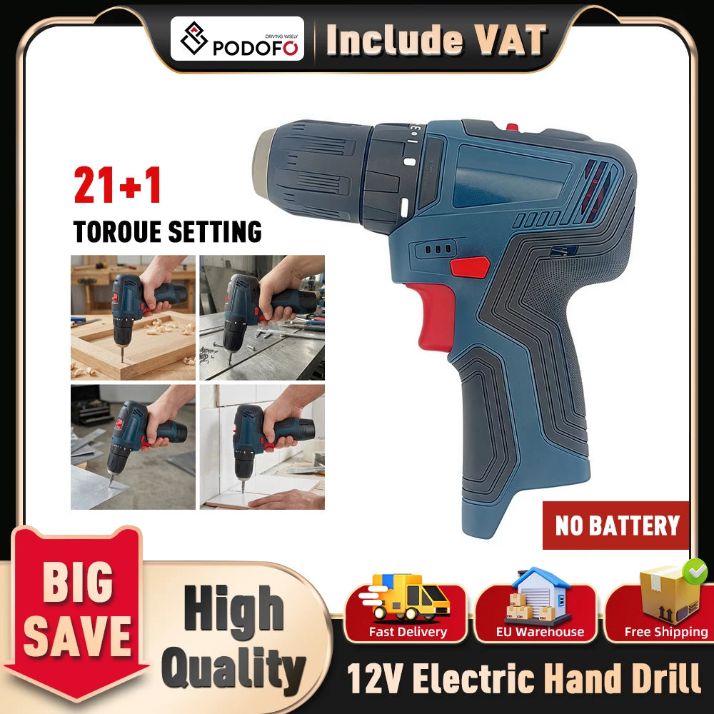 Podofo 12V Cordless Professional Electric Drill Cordless Driver Heavy Duty Multifunctional For Wood Metal Plastic Drilling Household Diy Tools Maintenance Assembly Ergonomic Design
