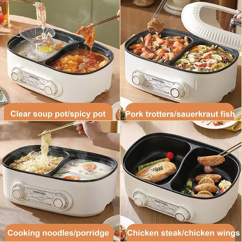 White dual-heating electric hot pot with steaming basket and soup on both sides
