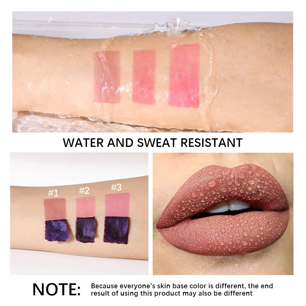 Waterproof peel-off lip stain swatches and application on lips showing 3 long-lasting, transfer-proof pink tint shades.