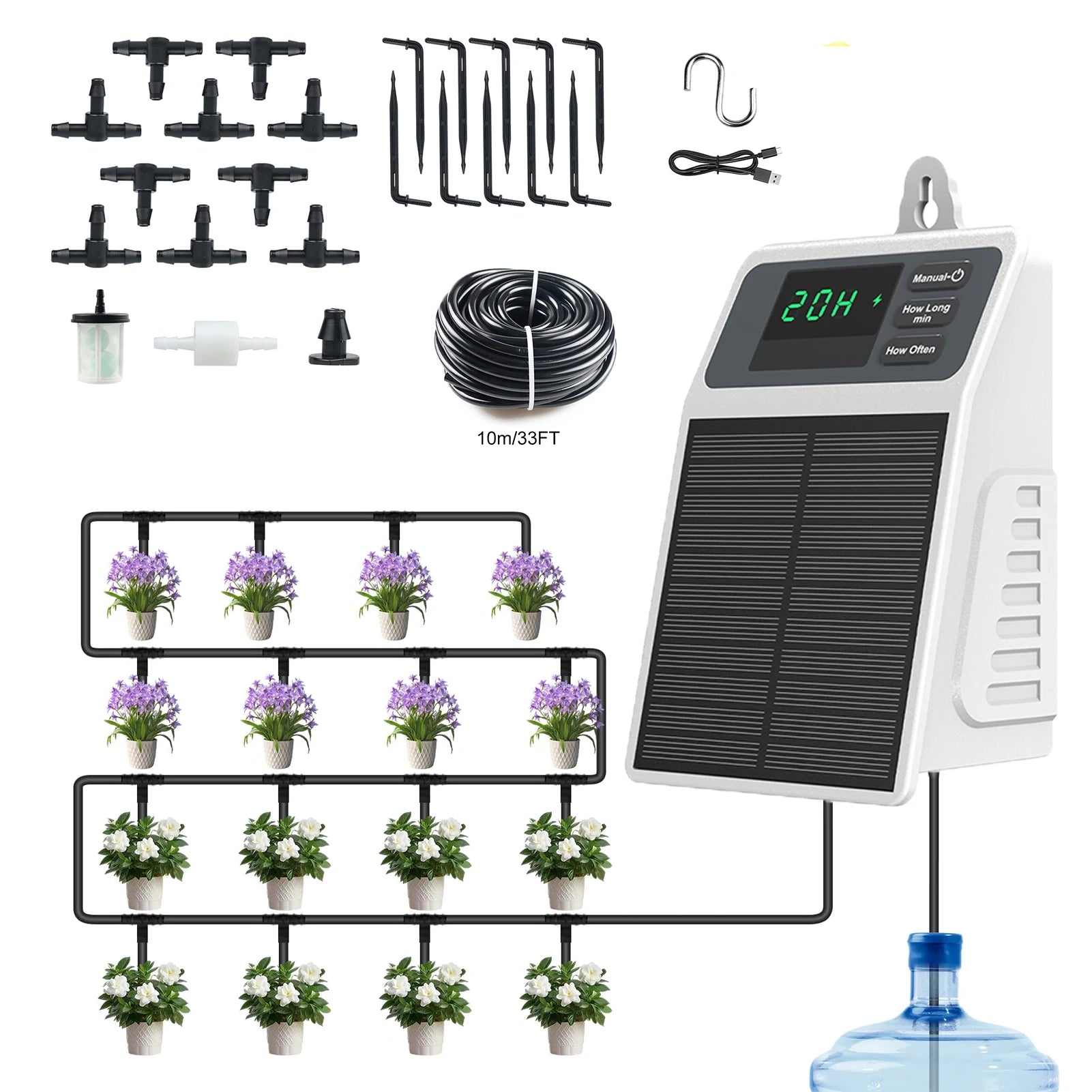 Solar drip irrigation watering kit with controller, tubing, emitters, and plant dripper lines