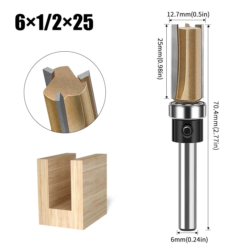 3-edge straight router bit with bearing, 6mm shank, gold carbide, 6x1/2x25mm