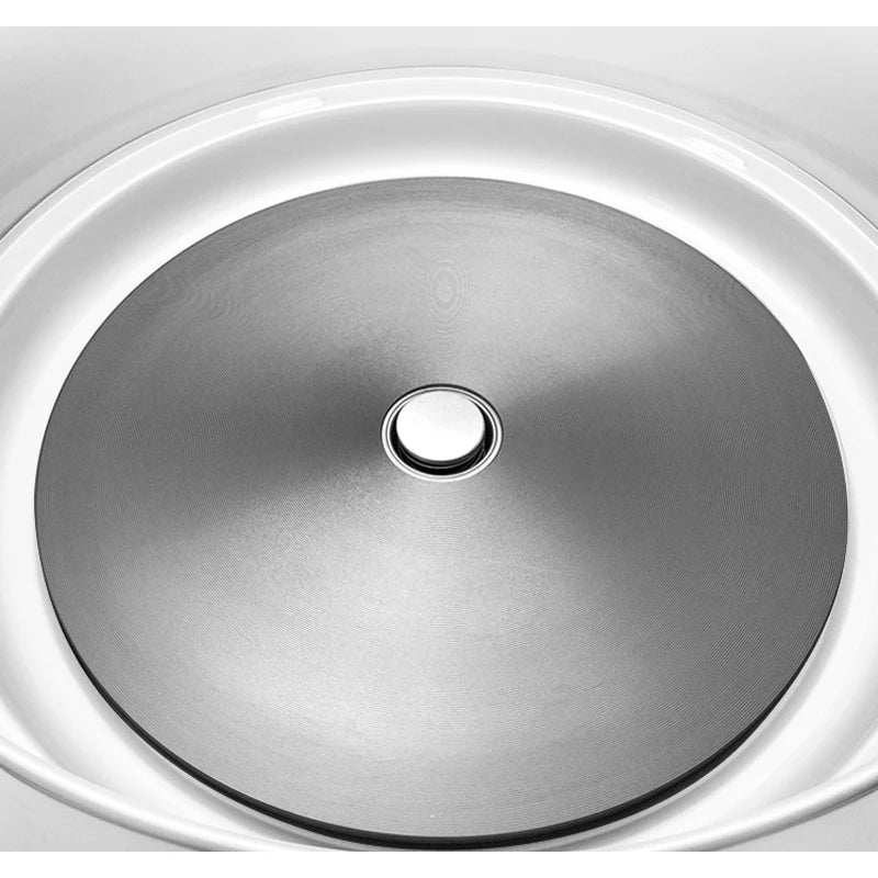 Commercial rice cooker lid with central round knob on large stainless top cover