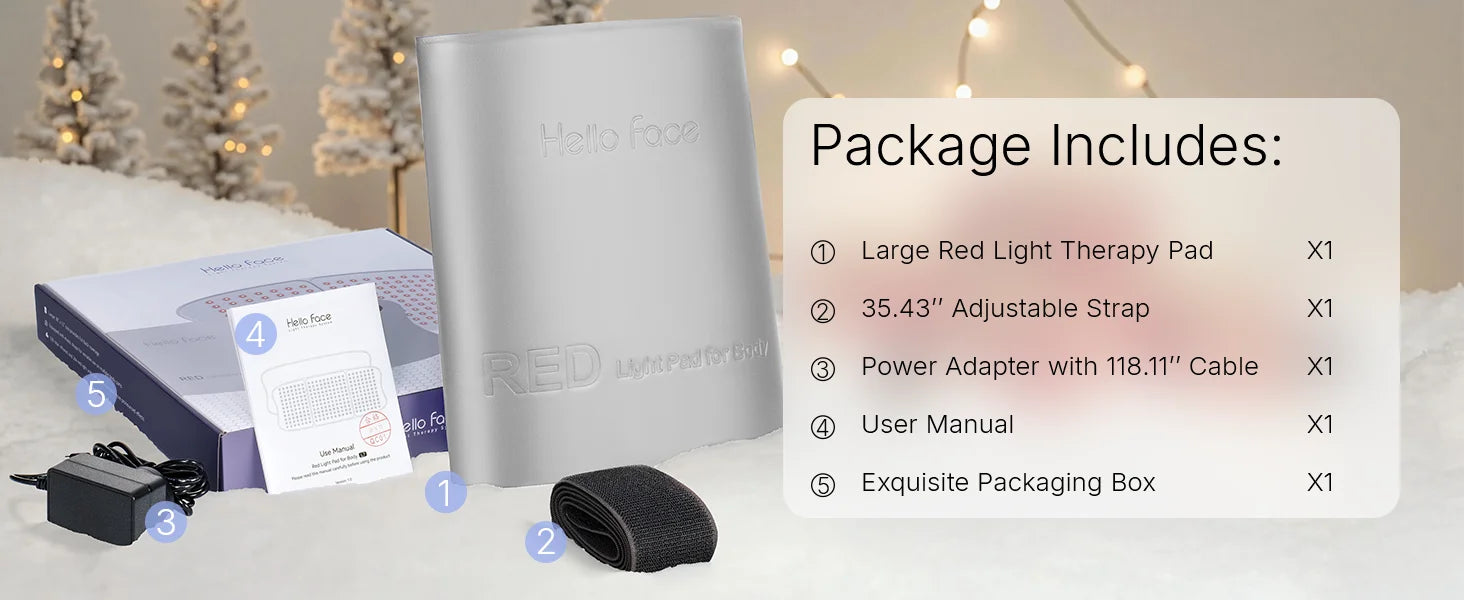 Hello Face red light therapy mat, strap, power adapter, manual, and box displayed with numbered components list.