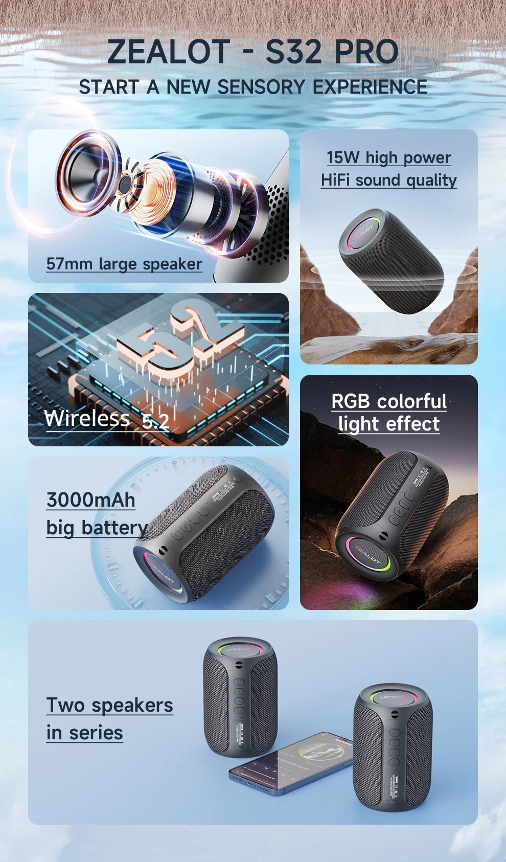 Zealot S32 pro Bluetooth Wireless Outdoor Portable Subwoofer Speaker Waterproof IPX6 Dual Pairing 3600mAh Wireless Speaker