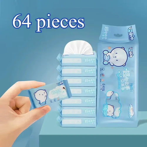 Ai Xiao Jin baby wipes, 64-piece pack with cute bear design. Gentle baby care cleaning wipes in blue packaging.