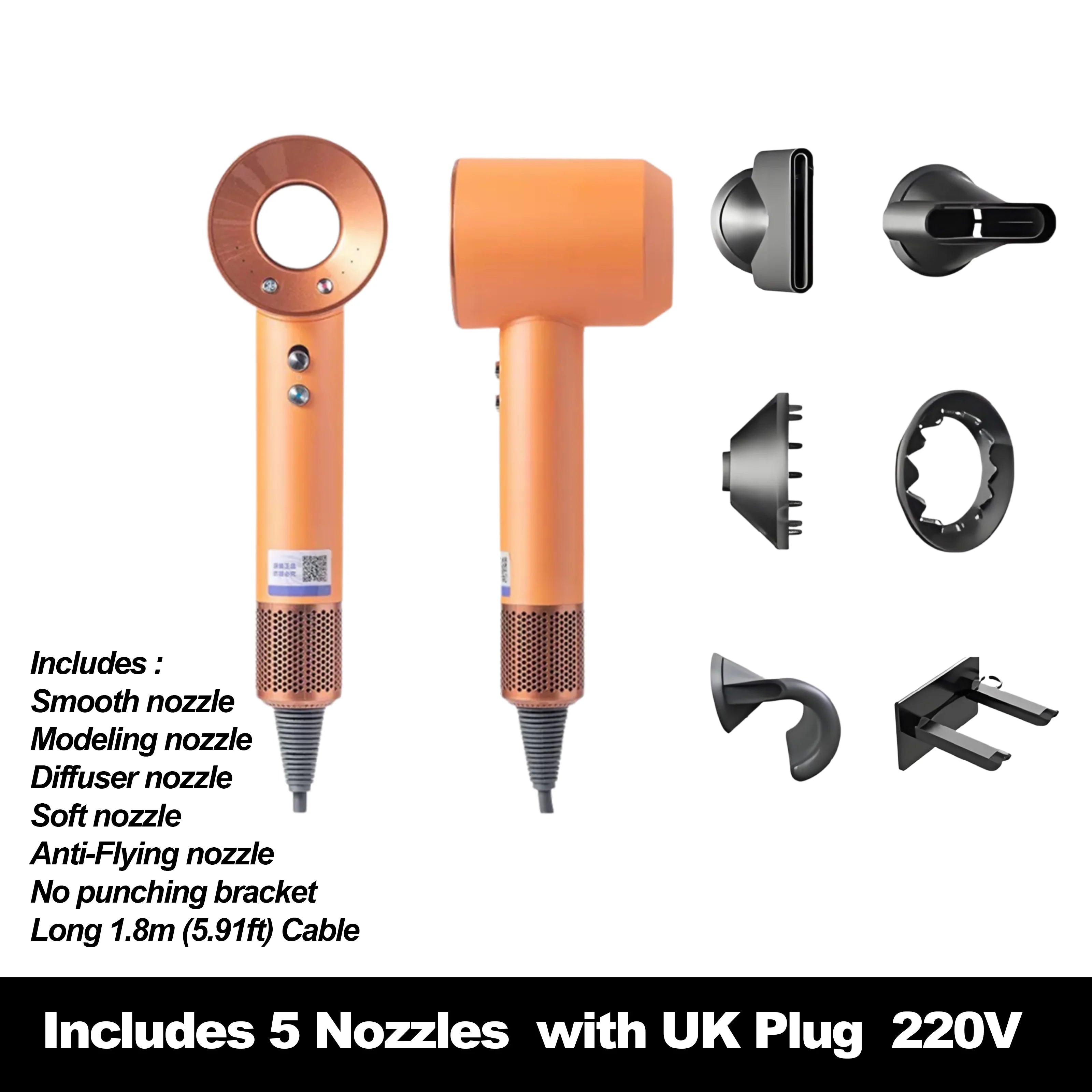 Orange high-speed ionic hair dryer with 5 magnetic styling nozzles, wall bracket, and constant temperature technology.