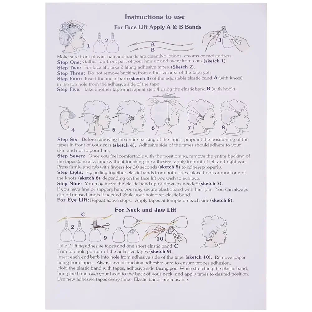 Instruction manual for face-lifting tape featuring sketches showing how to apply adhesive patches and elastic bands.