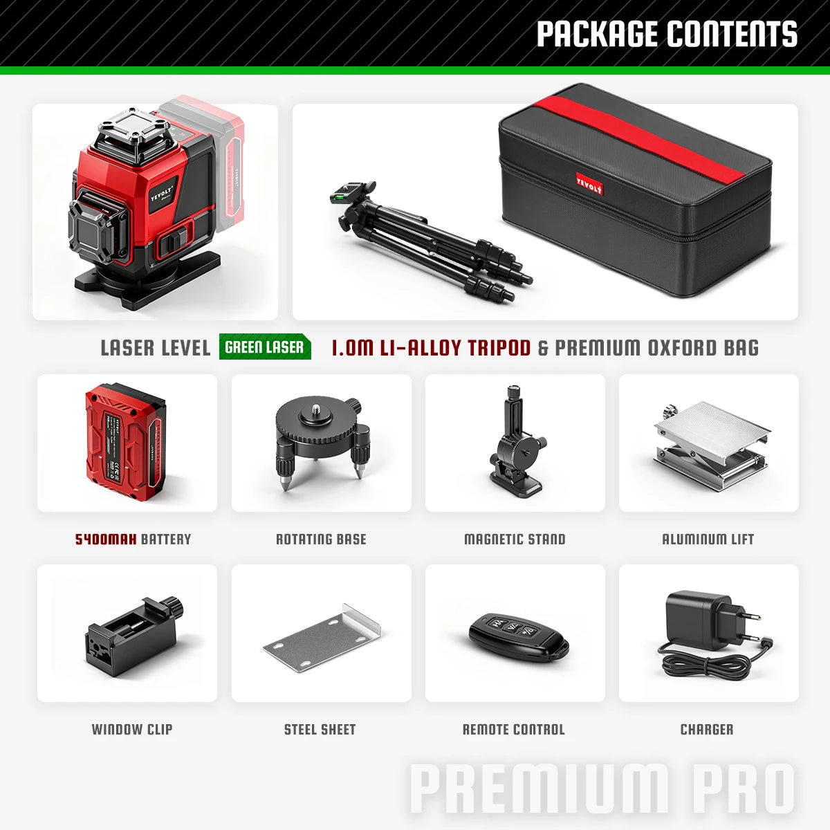 YEVOLT 4D green laser level kit with black Oxford bag, rotating base, magnetic stand, charger