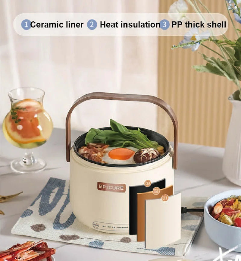 White mini electric cooking pot with handle, lid open showing food inside.