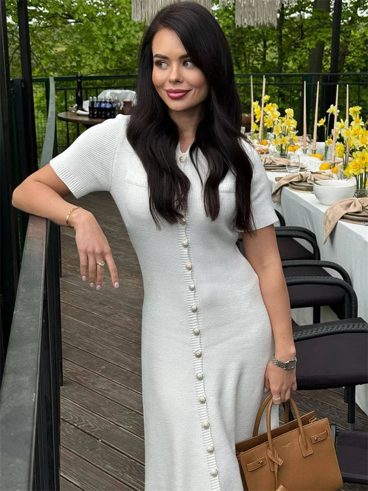 Tossy White Elegant Knitwear Maxi Dress For Women Short Sleeve Ribbed Slim High Waist Cardigan Dress Female Knit Long Dress 2025