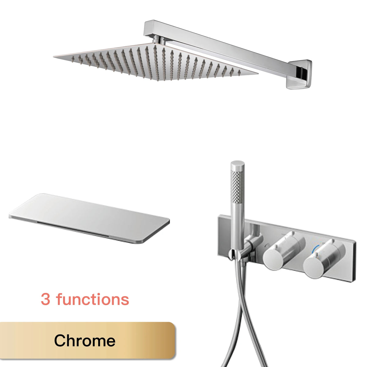 Chrome thermostatic 3-function ceiling shower set with angled square rain head
