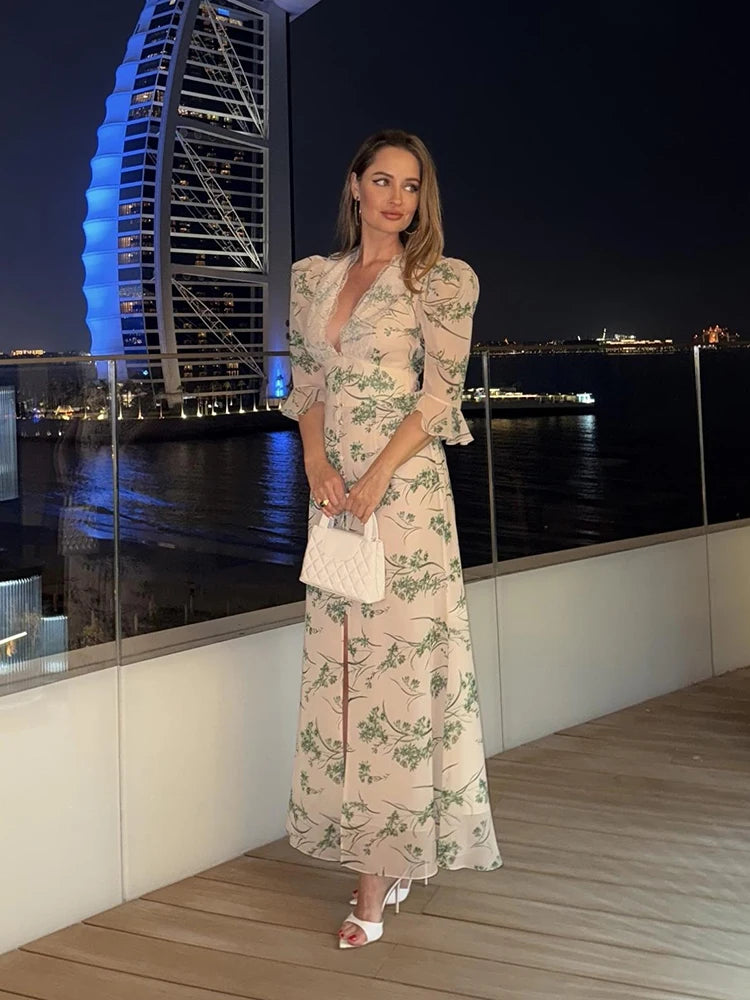 Printed Lace Patchwork Maxi Dress Women V-Neck Half Sleeve Single Breasted Lace Up Long Dresses 2026 Summer All-match Lady Robes