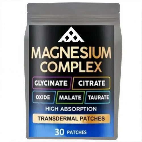 5-in-1 Magnesium Complex Transdermal Patches, 30 count, side angle view of magnesium complex supplement pouch.