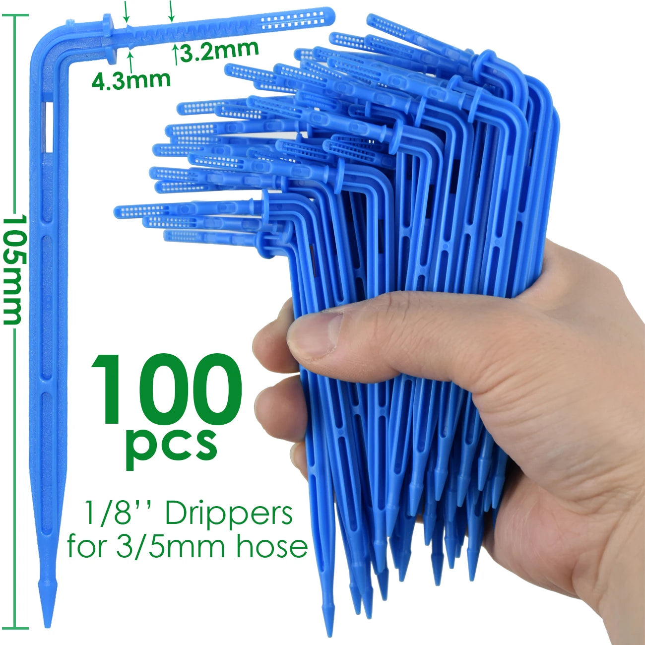 Blue 3/5mm drip irrigation drippers, 100 pcs for potted plants or greenhouse beds
