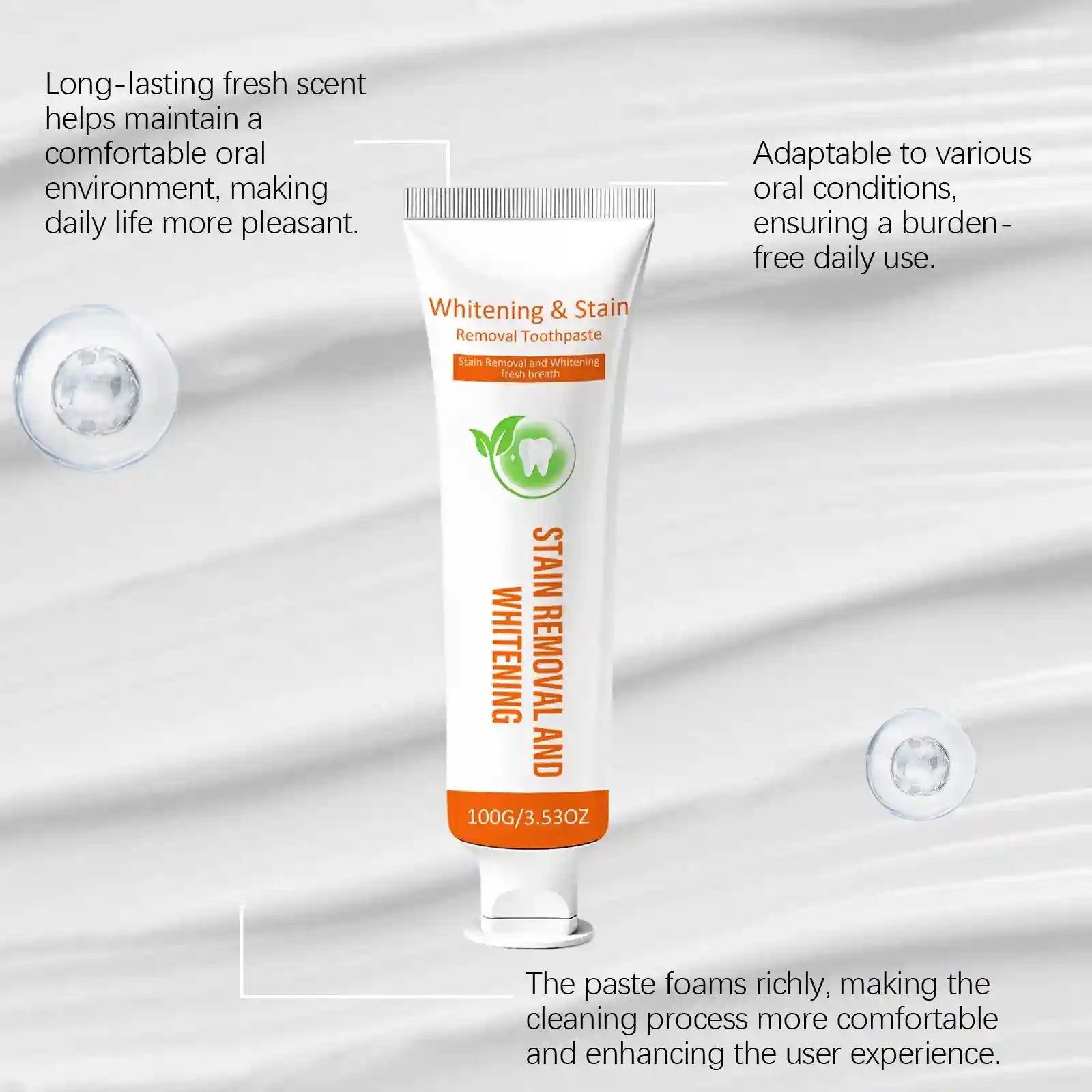 Tidesmit teeth whitening toothpaste for plaque removal, stain reduction, and gum protection.