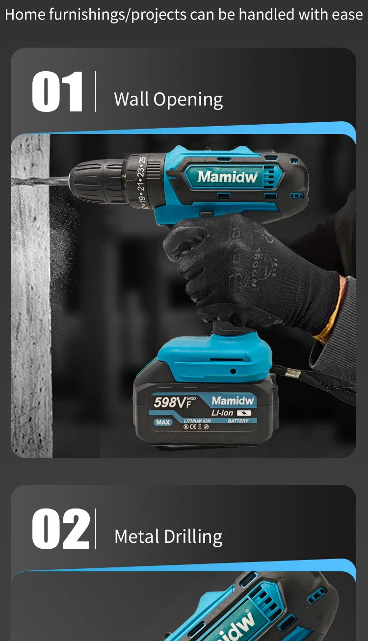 25Nm Cordless Drill, Electric Power Drill for Makita 18V, 3/8” Keyless Chuck, 2 Variable Speed, 25+3 Torque Positions for Precise DIY & Assembly